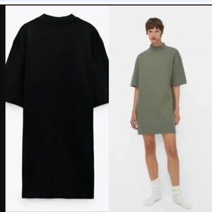 Zara Textured Black Weave Short Sleeve Dress Minimalist Mock Neck NWT Size S